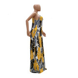 Leaves Print Big Swing Spasghetti Strap Maxi Dress TR-1019