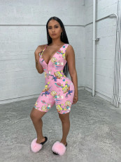 Cartoon Print Zipper Sleeveless Skinny Rompers WY-6669
