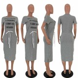 Plus Size Casual Letter Print Drawstring Split Midi Dress LDS-3211