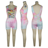 Cartoon Print Casual Sleeveless Backless Tank Playsuit TE-4012