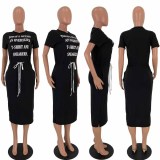 Plus Size Casual Letter Print Drawstring Split Midi Dress LDS-3211