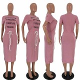 Plus Size Casual Letter Print Drawstring Split Midi Dress LDS-3211