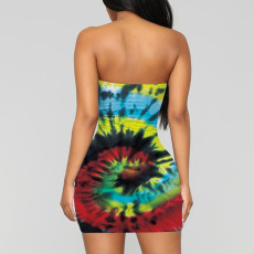 Sexy Tie Dye Print Strapless Bodycon Mini Tube Dress TE-4015