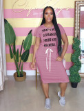 Plus Size Casual Letter Print Drawstring Split Midi Dress LDS-3211