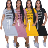 Plus Size Casual Letter Print Drawstring Split Midi Dress LDS-3211