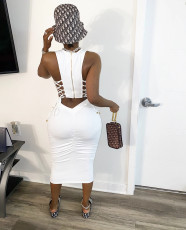 Solid Backless Sleeveless Ruched Midi Dress LDS-3209