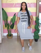 Plus Size Casual Letter Print Drawstring Split Midi Dress LDS-3211