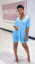 Plus Size Solid V Neck Split Tops Shorts Two Piece Sets WY-6678