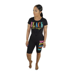 Hot Sale Solid Color Letter Printed Short Sleeve Two Piece Set BN-9224
