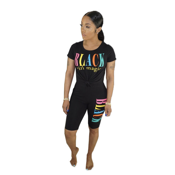 Hot Sale Solid Color Letter Printed Short Sleeve Two Piece Set BN-9224