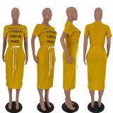 Plus Size Casual Letter Print Drawstring Split Midi Dress LDS-3211