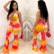 Sexy Tie Dye Halter Backless Strappy Flared Jumpsuit LSL-6346