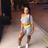 Single Sleeve Striped Sports Two Piece Set NIK-098