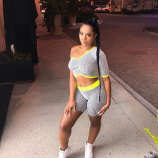 Single Sleeve Striped Sports Two Piece Set NIK-098