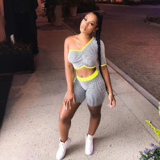 Single Sleeve Striped Sports Two Piece Set NIK-098