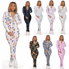 Casual Printed Long Sleeve Front Zipper Skinny Jumpsuit SFY-110