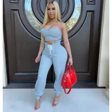 Solid Color Zipper Sports Two Piece Pants Set CHY-1224