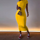 Solid Short Sleeve O Neck Long Maxi Dress AIL-093