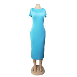 Solid Short Sleeve O Neck Long Maxi Dress AIL-093