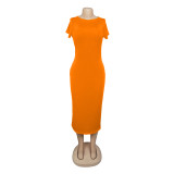 Solid Short Sleeve O Neck Long Maxi Dress AIL-093