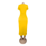Solid Short Sleeve O Neck Long Maxi Dress AIL-093