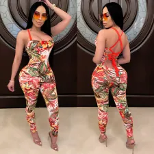 Sexy Floral Print Strappy Backless Jumpsuits SMR-9580