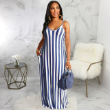 Casual Loose Striped V Neck Slip Maxi Dress SMR-9615