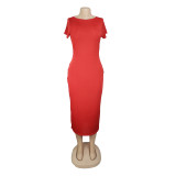 Solid Short Sleeve O Neck Long Maxi Dress AIL-093