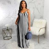 Casual Loose Striped V Neck Slip Maxi Dress SMR-9615