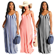 Casual Loose Striped V Neck Slip Maxi Dress SMR-9615