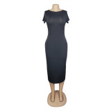 Solid Short Sleeve O Neck Long Maxi Dress AIL-093