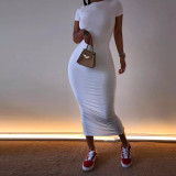 Solid Short Sleeve O Neck Long Maxi Dress AIL-093