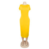 Solid Short Sleeve O Neck Long Maxi Dress AIL-093