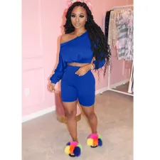 Plus Size Solid Oblique Off Shoulder 2 Piece Shorts Set LP-6205