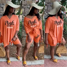 Casual Fashion Pink Letter Print V-Neck Two Piece Set SHD-9242