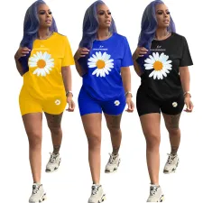 Plus Size Daisy Print T Shirt Shorts Two Piece Sets LDS-3218