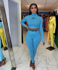Letter Print Long Sleeve Fitness Tight Two Piece Set FNN-8365