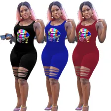 Plus Size Lips Print Sleeve Holes Skinny Playsuit NM-8202