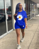 Plus Size Daisy Print T Shirt Shorts Two Piece Sets LDS-3218