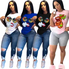 Plus Size Cartoon Print Short Sleeve O Neck T Shirt Tops BGN-062