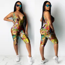 Zipper Cartoon Printed Casual Romper AL-177