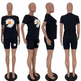 Plus Size Daisy Print T Shirt Shorts Two Piece Sets LDS-3218
