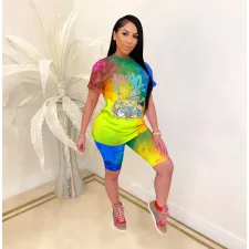Tie-dye Cartoon Printed Short-Sleeve Shorts Suit SHD-9234