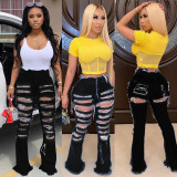 Denim Ripped Holes Boot Cut Long Jeans Pants OD-8342