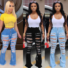 Denim Ripped Holes Boot Cut Long Jeans Pants OD-8342