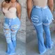 Denim Ripped Holes Boot Cut Long Jeans Pants OD-8342