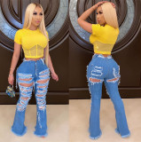Denim Ripped Holes Boot Cut Long Jeans Pants OD-8342