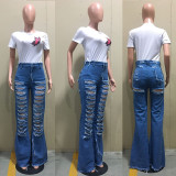 Denim Ripped Holes Boot Cut Long Jeans Pants OD-8342