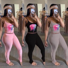 Lips Print Cami Top Stacked Pants 2 Piece Sets CHY-1228