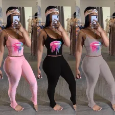 Lips Print Cami Top Stacked Pants 2 Piece Sets CHY-1228